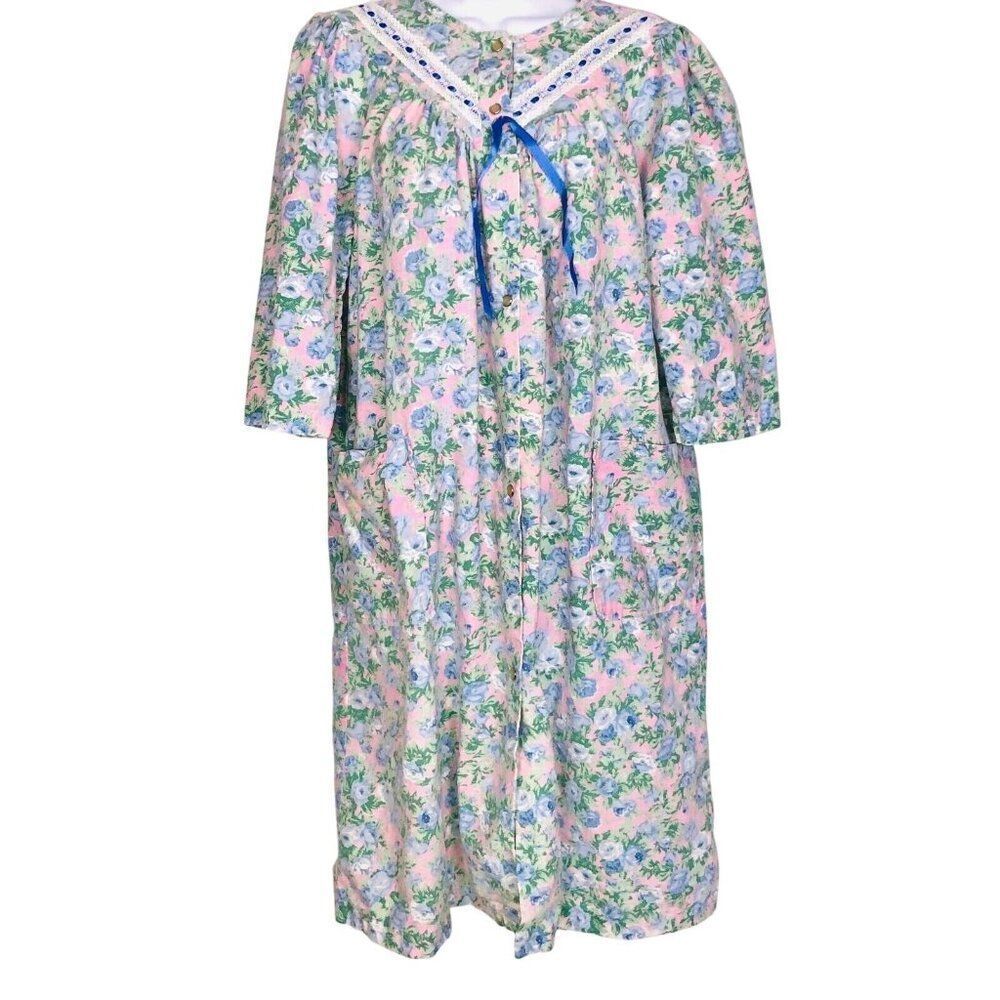 Vintage Vandemere Housecoat Womens M Blue Floral Cotton
